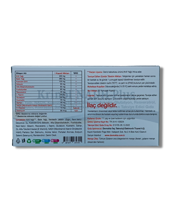 Krinol NADH Plus - Krill Yağı, NADH, Koenzim Q10, Alfa GPC, Glutatyon, Resveratrol, Sitikolin, Kuersetin, Safran, L-Teanin ve Balık Yağı - 30 Kapsül - 1 Kutu
