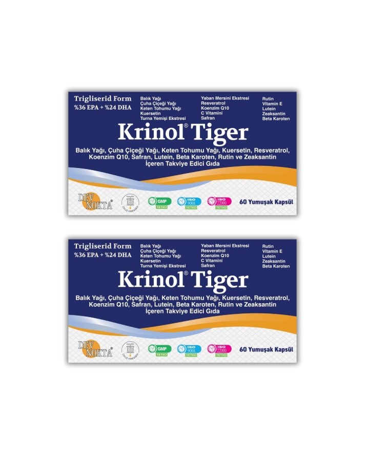 Krinol Tiger - Balık Yağı, Çuha Çiçeği Yağı, Kuersetin, Resveratrol, Konezim Q10, Safran, Lutein, Beta Karoten Rutin ve Zeaksantin - 60 Kapsül - 2 Kutu