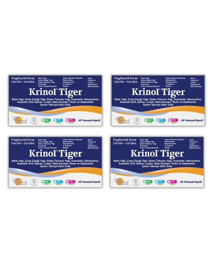 Krinol Tiger - Balık Yağı, Çuha Çiçeği Yağı, Kuersetin, Resveratrol, Konezim Q10, Safran, Lutein, Beta Karoten Rutin ve Zeaksantin - 60 Kapsül - 4 Kutu