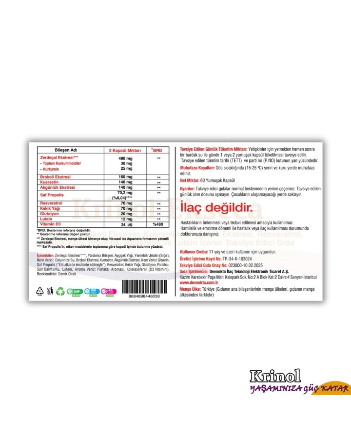 Krinol Ekseca - Novasol Curcumin, Brokoli, Kuersetin, Akgünlük, Propolis, Resveratrol, Kekik Yağı, Glutatyon, Lutein ve D3 Vitamini - 60 Kapsül - 2 Kutu