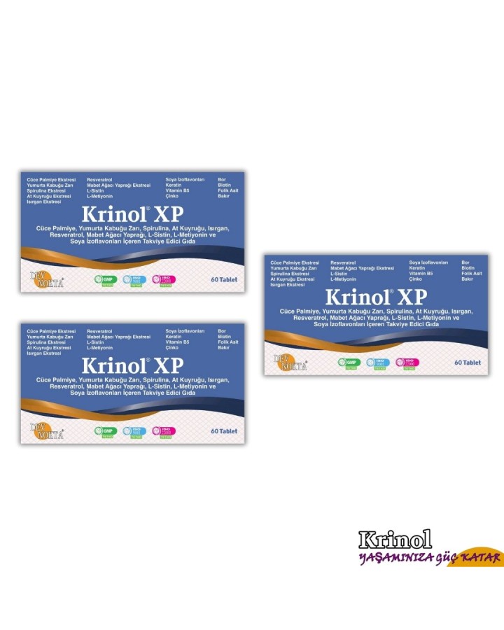 Krinol XP - Cüce Palmiye, Spirulina, At Kuyruğu, Isırgan, Resveratrol, L-Sistin, L-Metiyonin, Soya İzoflavonları, Keratin, Bor, Biotin,  Folik Asit - 60 Tablet - 3 Kutu