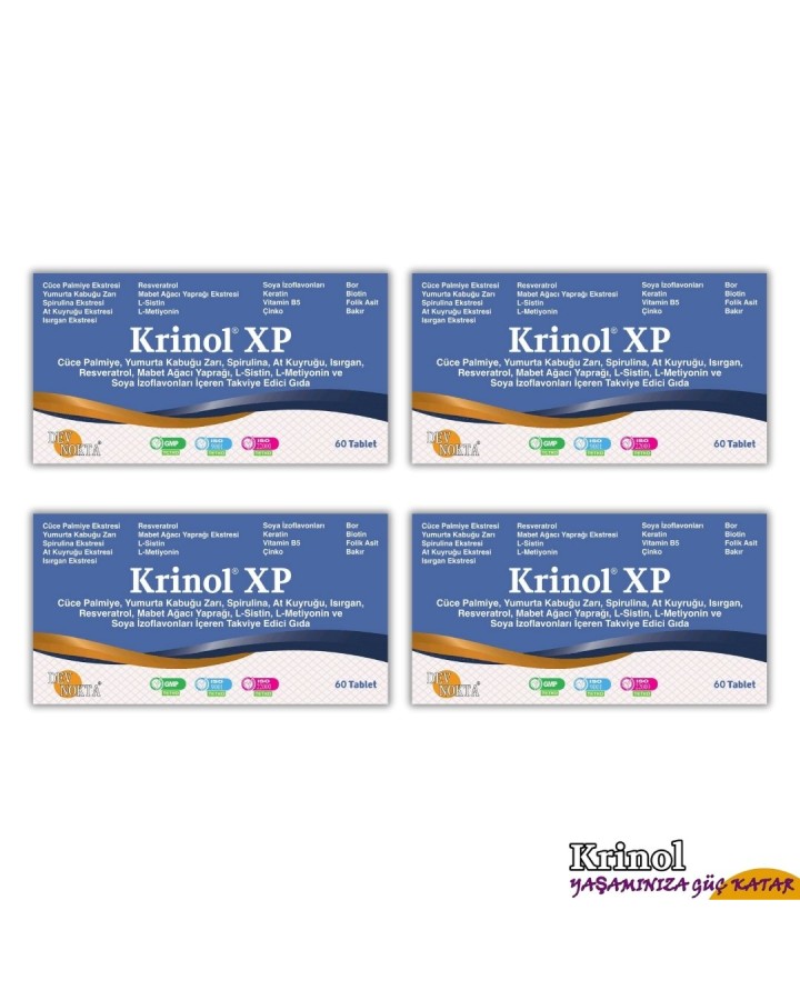 Krinol XP - Cüce Palmiye, Spirulina, At Kuyruğu, Isırgan, Resveratrol, L-Sistin, L-Metiyonin, Soya İzoflavonları, Keratin, Bor, Biotin,  Folik Asit - 60 Tablet - 4 Kutu