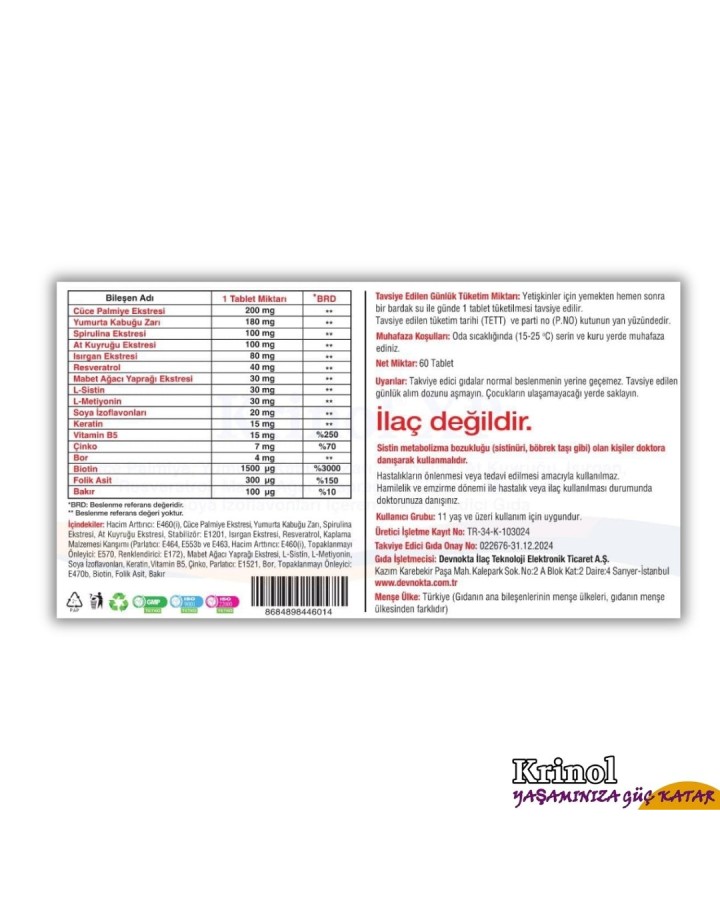 Krinol XP - Cüce Palmiye, Spirulina, At Kuyruğu, Isırgan, Resveratrol, L-Sistin, L-Metiyonin, Soya İzoflavonları, Keratin, Bor, Biotin,  Folik Asit - 60 Tablet - 3 Kutu